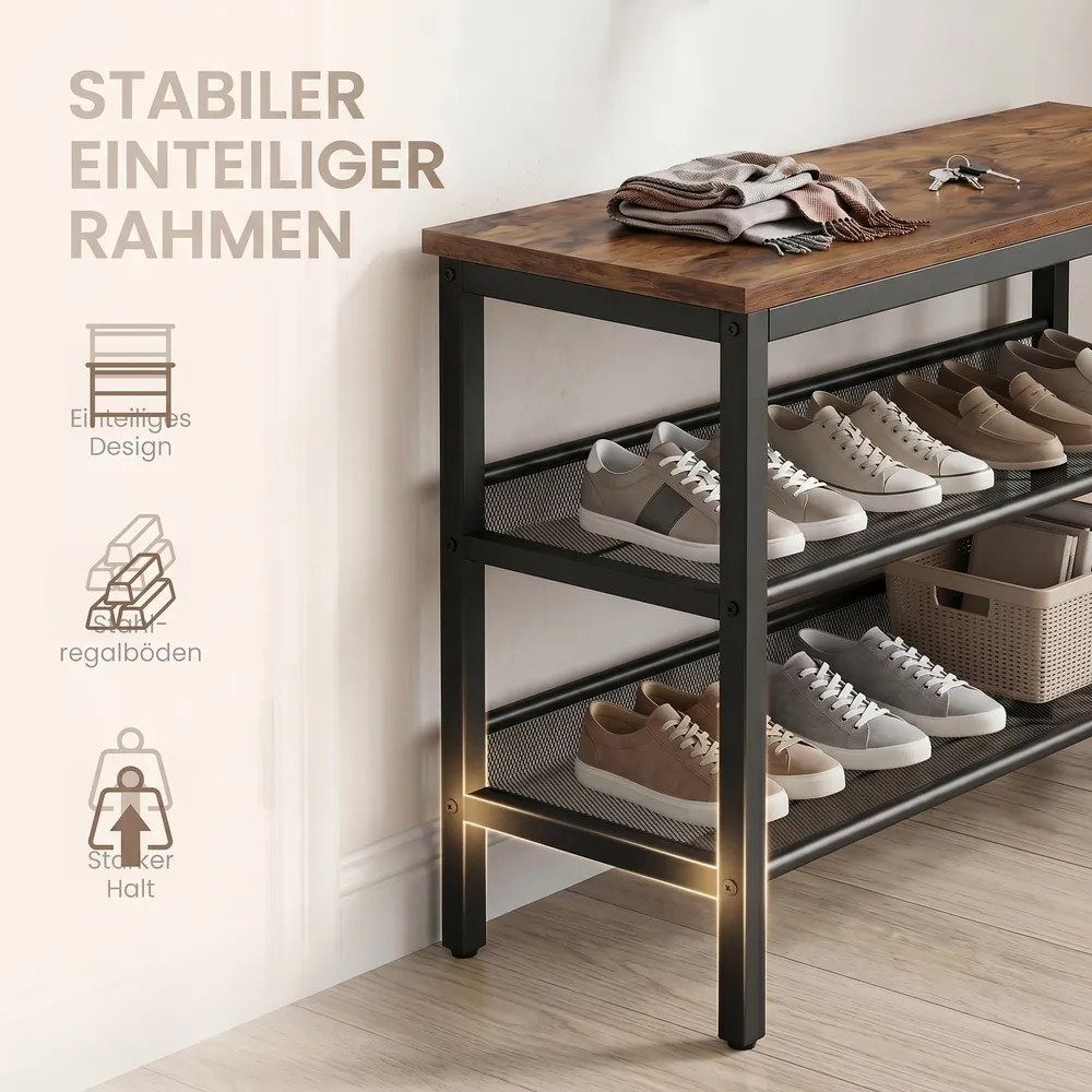 Sapateira com 3 níveis em estilo industrial 28 x 75 x 50 cm castanho-escuro e preto