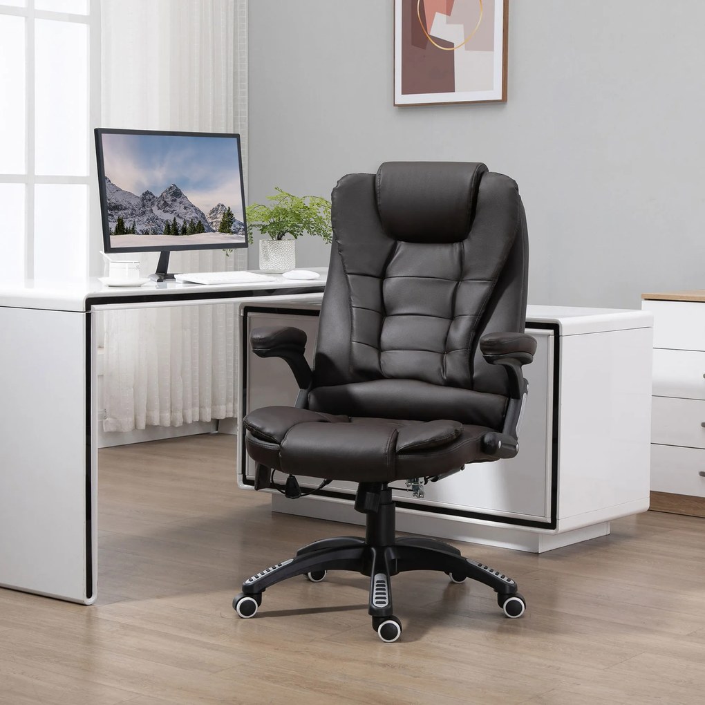 Cadeira de escritório com massagem e aquecimento elétrico, cadeira de escritório ergonómica com revestimento sintético castanho