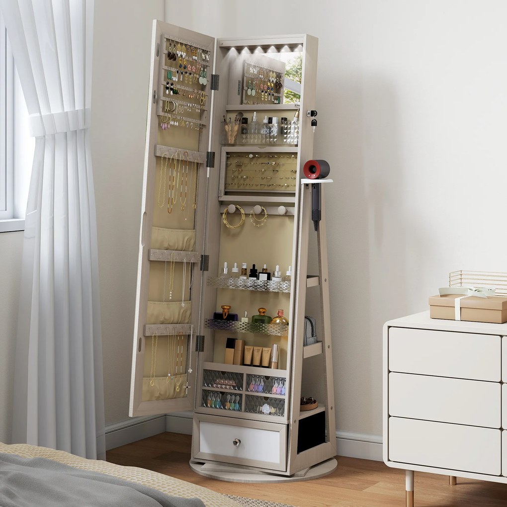 Espelho de Pé Giratório 360° com Espelho com Interior Iluminado Organizador de Jóias com Prateleiras e Gavetas 56x56x164 cm Madeira