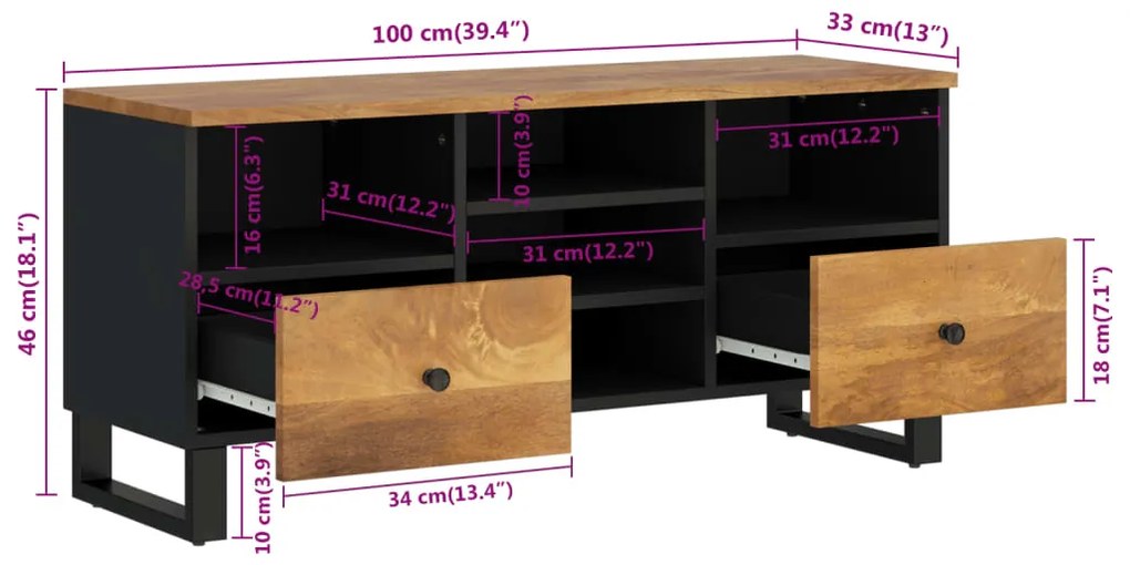 Móvel de TV 100x33x46 cm mangueira maciça/derivados de madeira