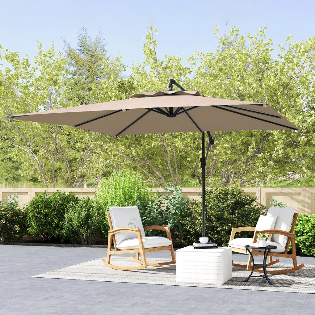 Guarda-sol de 3 x 3 m com manivela, base em cruz, inclinação e rotação de 360°, lona de 180 g/m² em tom cáqui