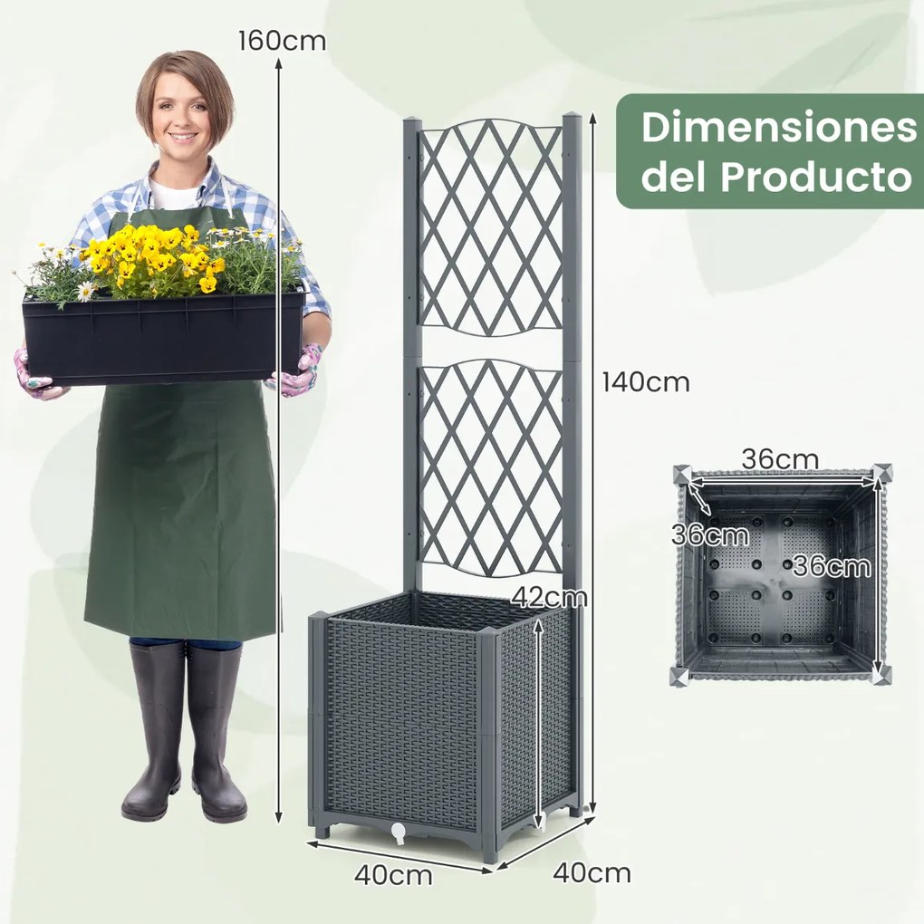 Floreira elevada com treliça com rega automática para plantas trepadeiras, flores e vegetais de raízes profundas Cinza