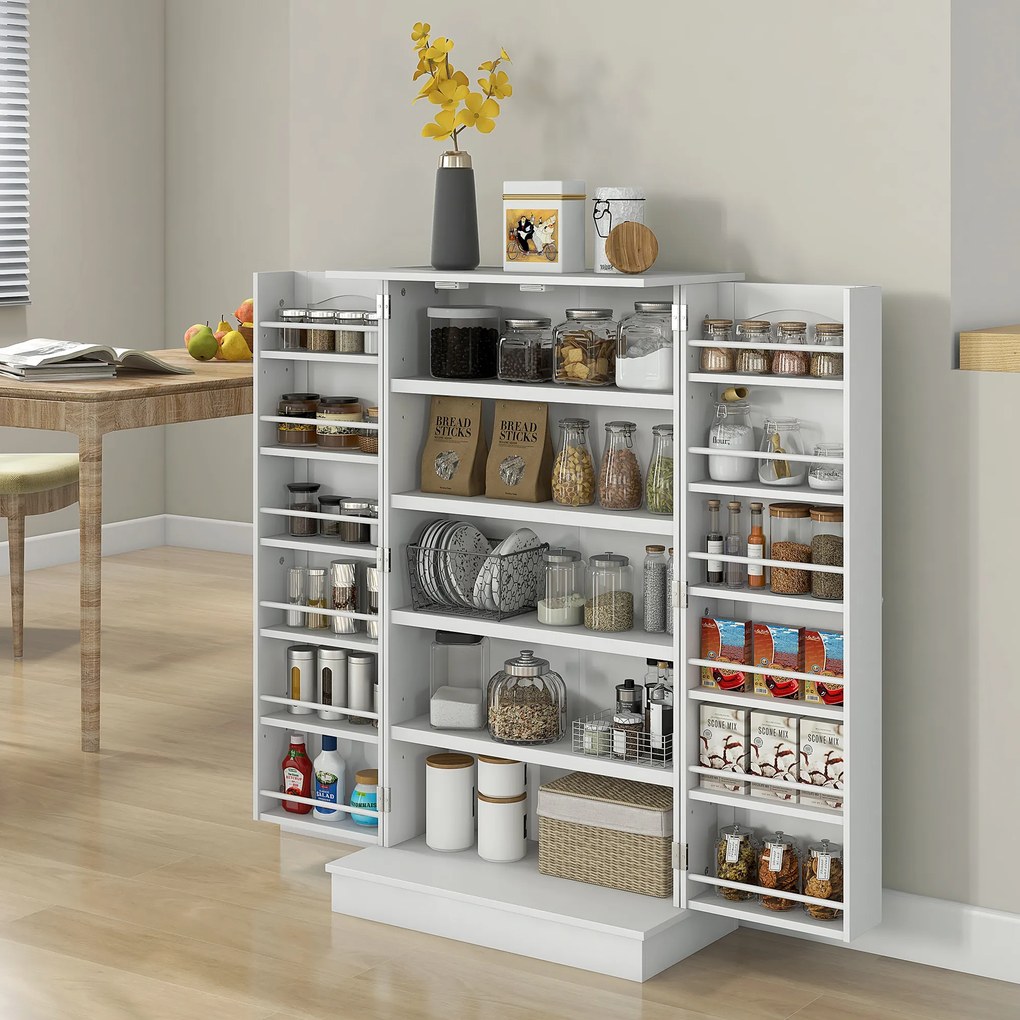 Armário de cozinha para despensa com 2 portas, 5 prateleiras e 12 suportes para especiarias - 60 x 30 x 104 cm - branco