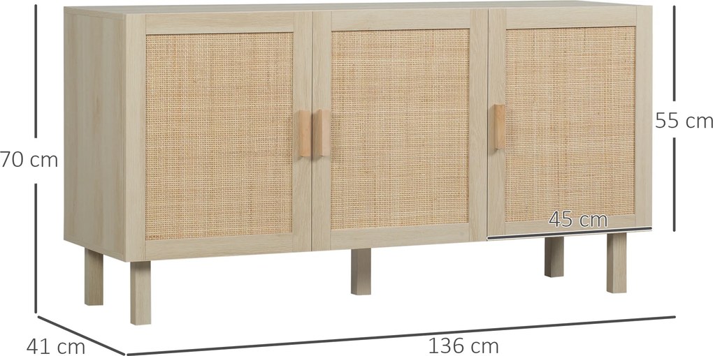 Aparador, armário de arrumação 136 x 41 x 70 cm com 3 portas e prateleira ajustável, efeito vime, estilo boémio cor natural