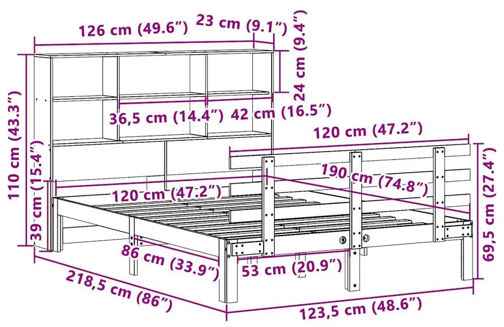 Cama com estante sem colchão 120x190 cm pinho maciço