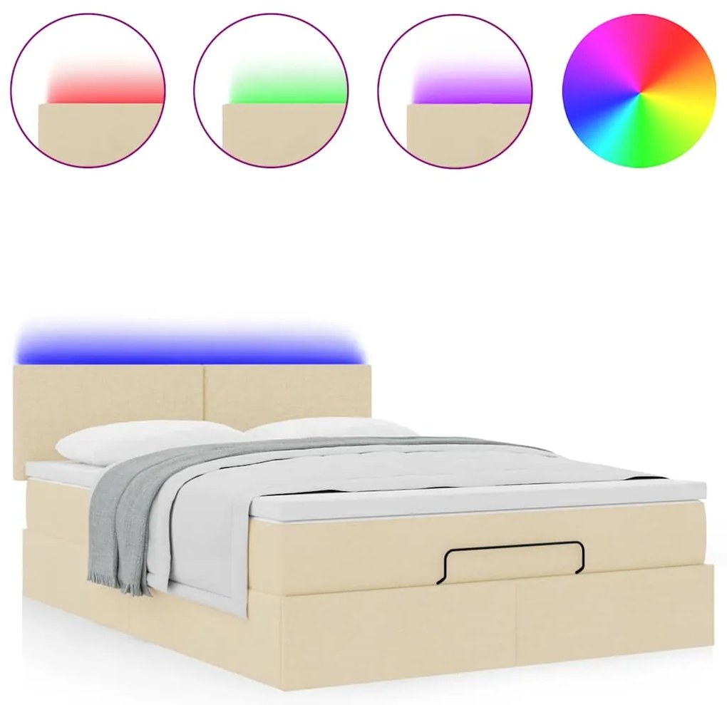 Cama Otomana com Colchão &amp; LEDs Creme 140x200 cm Tecido