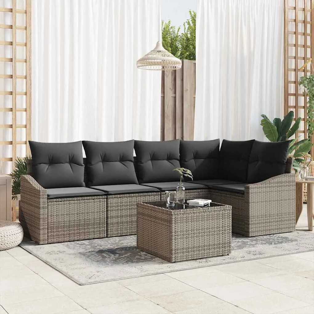 vidaXL Conjunto de Sofá de Jardim de 5 Peças da com almofadas pretas em rattan de poliéster.