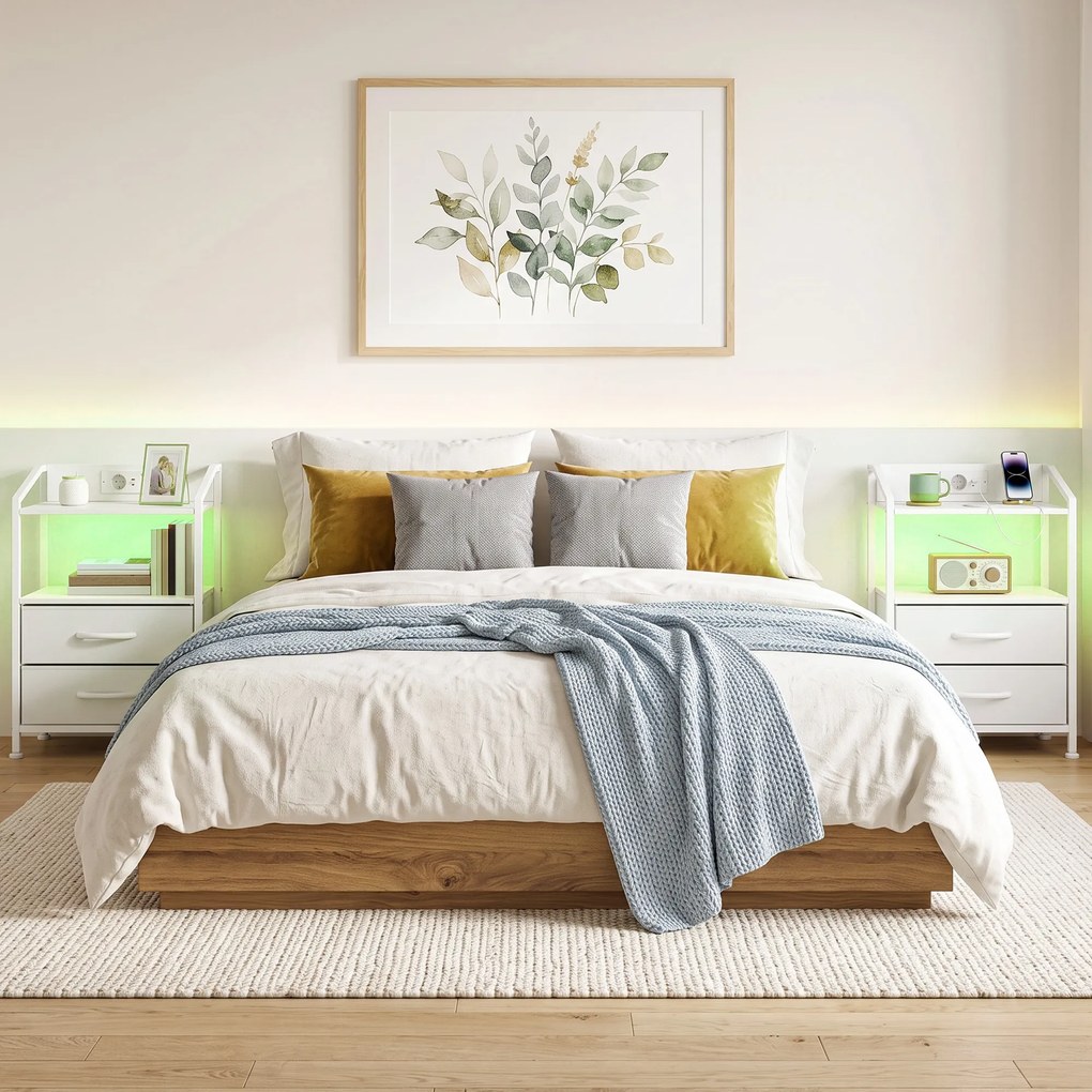 Conjunto de 2 Mesas de Cabeceira com LED RGB e Estação de Carregamento 2 Gavetas em Tecido para Quarto 40x30x60 cm Branco