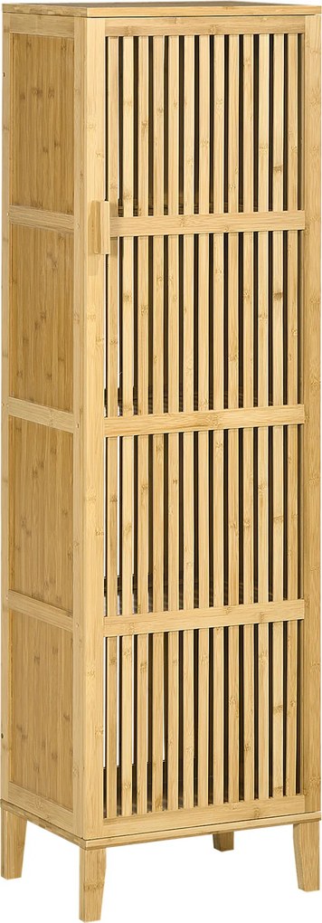 Móvel de arrumação em bambu com prateleiras e porta de design com ripas para casa de banho 40 x 30 x 140 cm