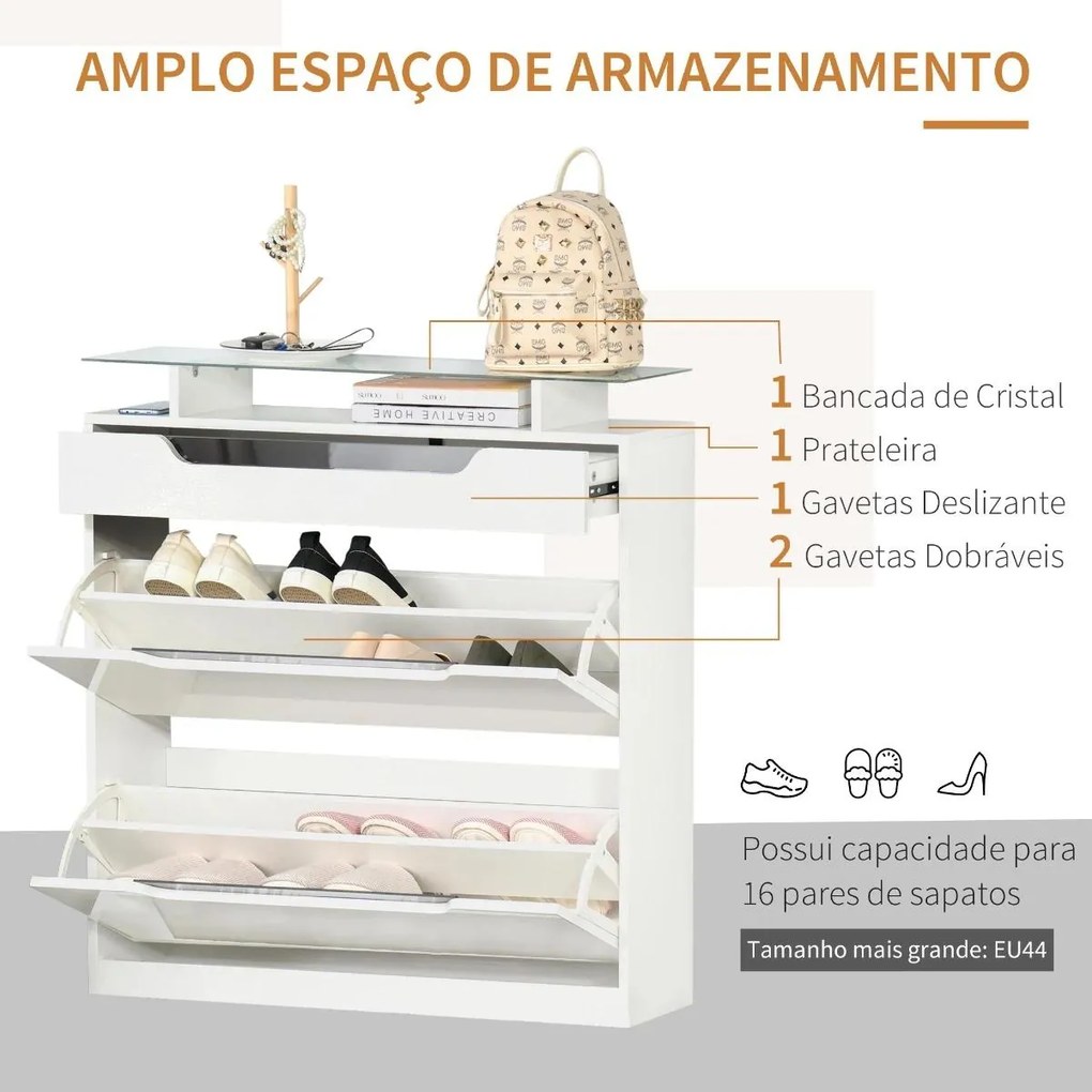 Sapateira Entrada Estreito Móvel para 16 pares de Sapatos com 2 Portas Gaveta Prateleira Aberta e Bancada de Vidro 89x23x96cm Branco
