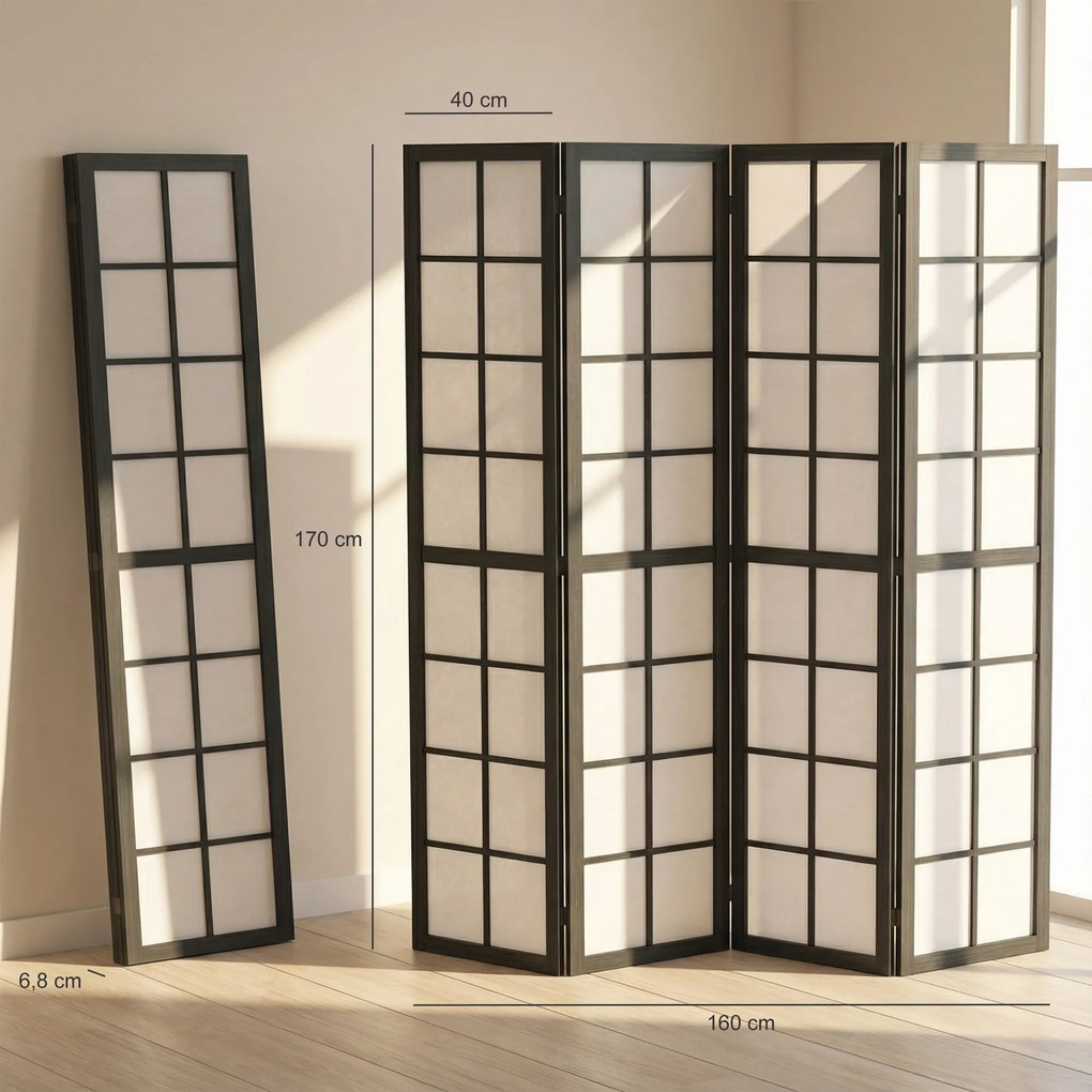 Biombo de interior dobrável de 4 painéis, 160 x 170 cm, divisória para sala de estar, quarto e casa, preto