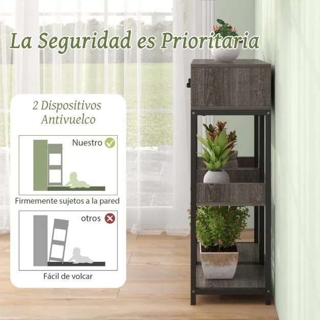 Estante metálica para plantas com 3 níveis de altura e gaveta antiderrapante Estante vertical de canto Cinzento