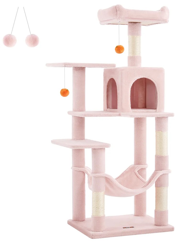 Arranhador Gatos para arranhar com 143 cm de altura com 2 plataformas e rede cor-de-rosa pastel