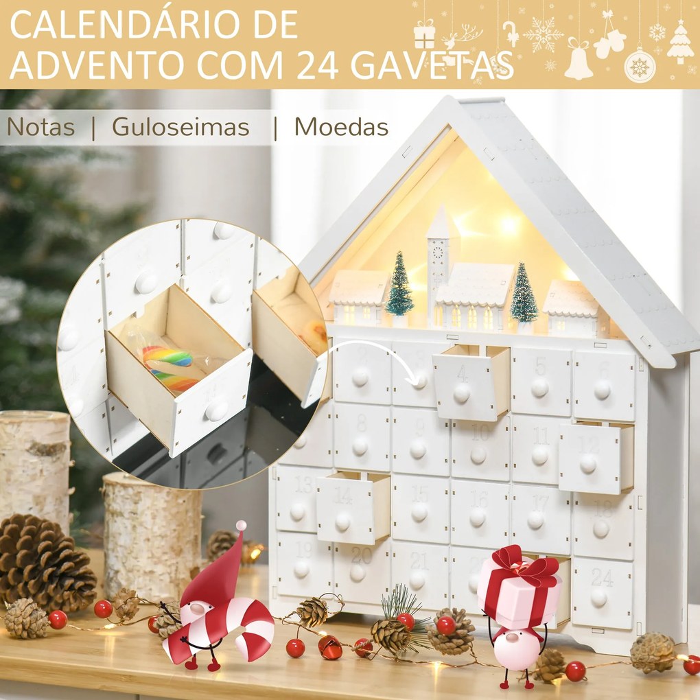 HOMCOM Calendário de Advento de Natal Madeira com 24 Gavetas e Luzes L