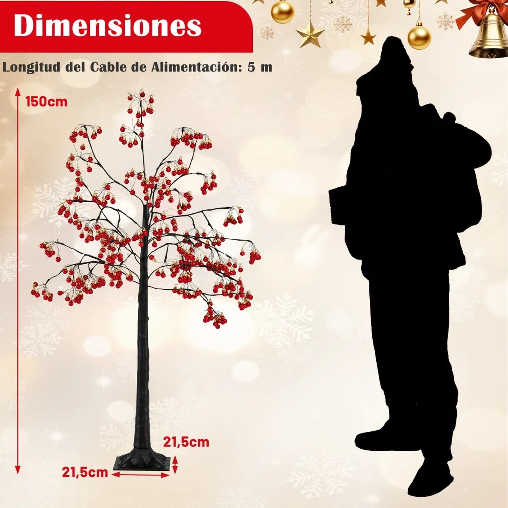 Árvore de Natal artificial de 150 cm com ramos flexíveis, 384 bolas vermelhas, 480 luzes LED brancas quentes e estacas de fixação preta