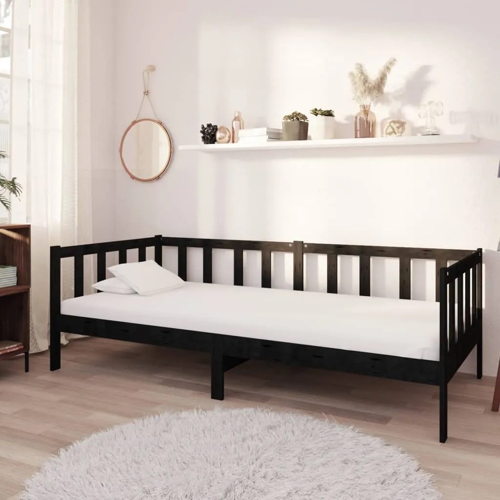 Sofá Cama Lena - Cor Preto - Em Madeira de Pinho Maciça - 203x98x66 cm