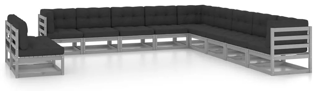 vidaXL 11 pcs conj. lounge jardim c/ almofadões pinho maciço cinzento