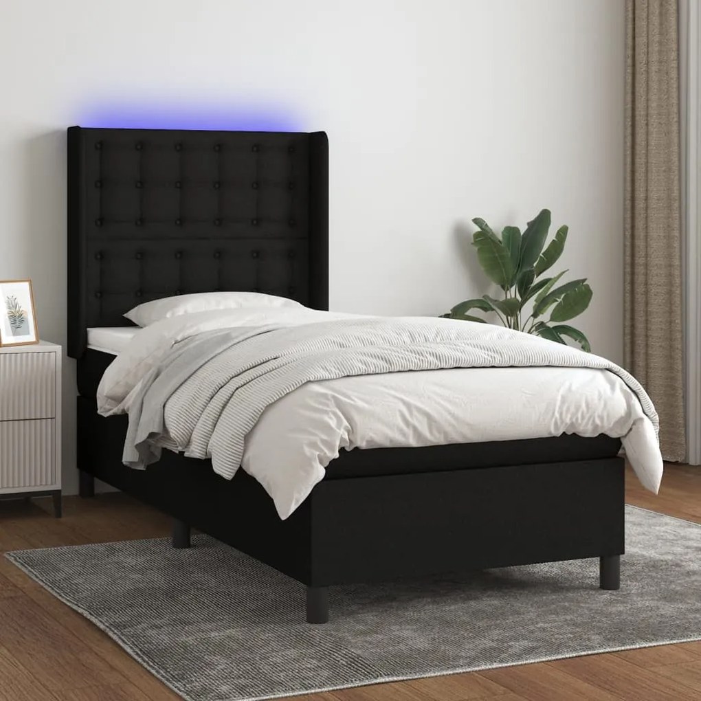 Cama box spring c/ colchão e LED 90x190 cm tecido preto