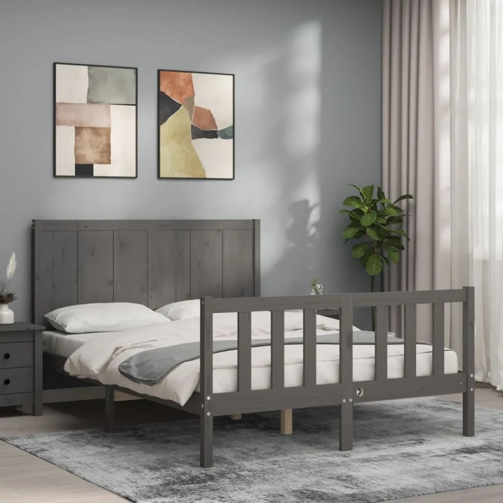 Estrutura de cama de casal c/ cabeceira madeira maciça cinzento