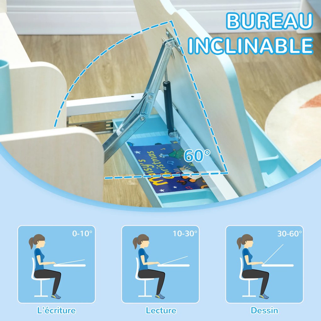 Conjunto de secretária e cadeira para crianças, com altura ajustável e tampo inclinável de 0 a 60°, azul
