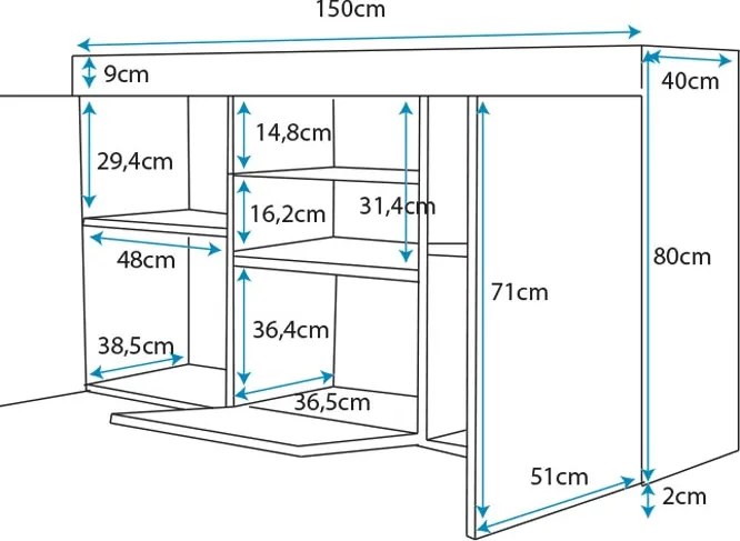 Aparador LUND com Luz LED - 150x83x40 cm - Preto Mate - Design Moderno