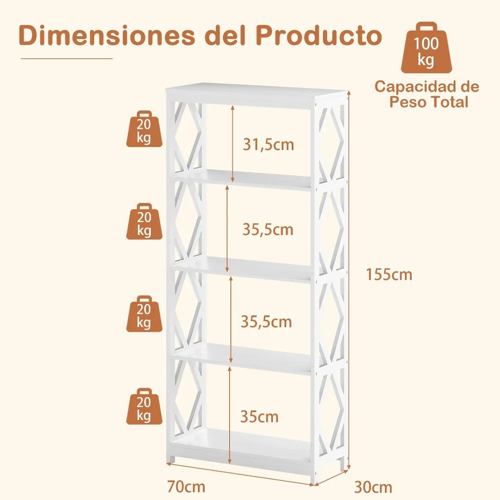 Estante de 5 níveis em madeira 70 x 30 x 155 cm com Estrutura romboidal para escritório, sala ou quarto Branco