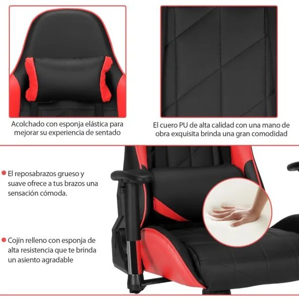 Cadeira giratória para gaming ergonómica para computador Reclinável Ajustável em estilo Carrera com almofada lombar Vermelho e preta