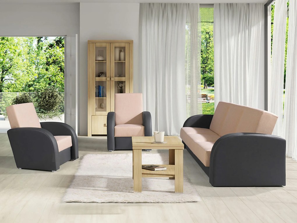 Conjunto de mobiliário com estofo Providence 173, Cama com arrumação, Couro Ecológico + Tecido, Pernas: Madeira, Plástico