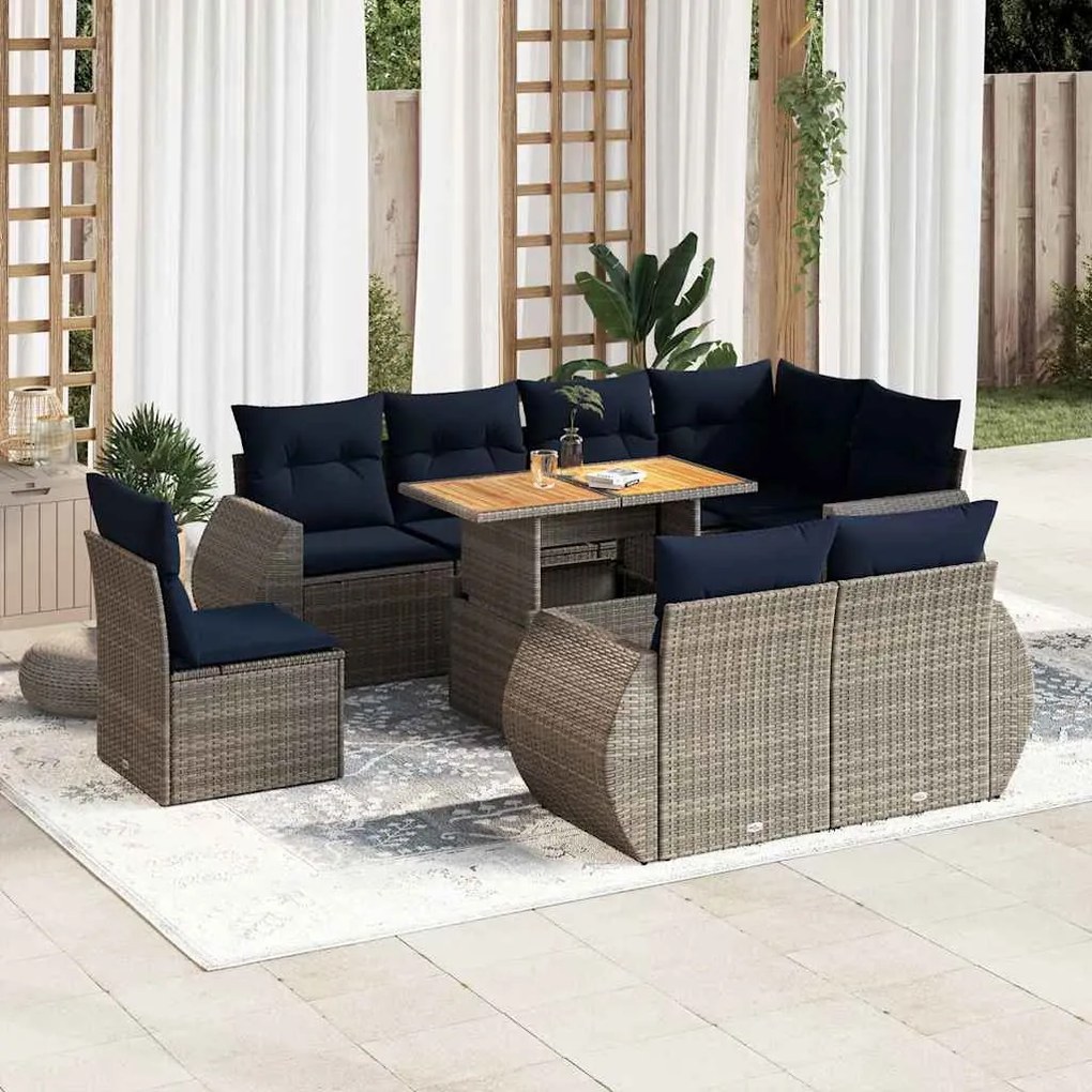 9 pcs conjunto sofás p/ jardim com almofadões vime PE cinzento