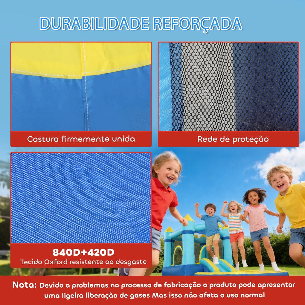 Castelo Insuflável para Crianças com Insuflador, Escorrega, Cama Elástica, Piscina e Aro de Basquetebol para Crianças dos 3 aos 8 Anos, Azul