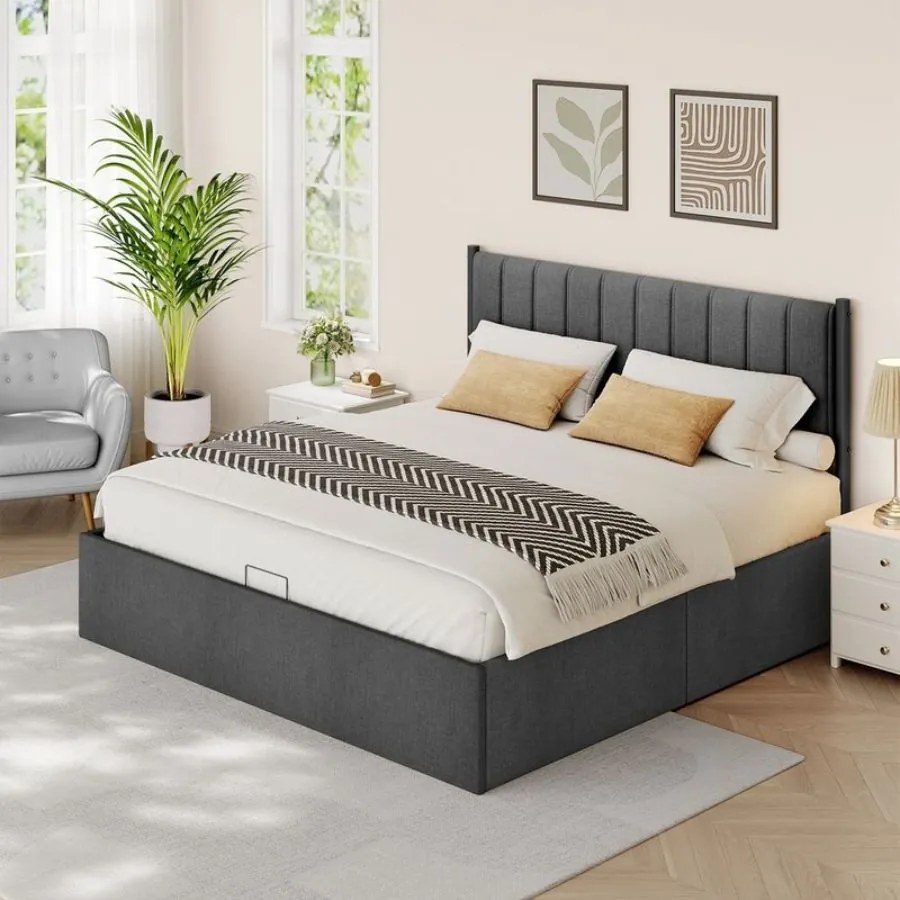 Estrutura de cama 180 x 200 cm com estrado (COLCHÃO NÃO INCLUIDO) com espaço de arrumação sob a cama e cabeceira em cinza ardósia