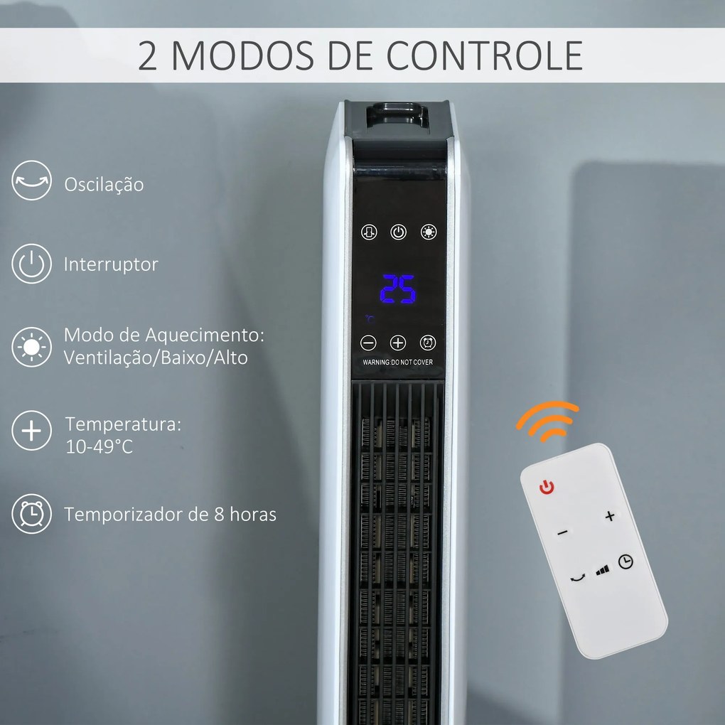 Aquecedor Cerâmico de Torre com Controlo Remoto - Branco - 21x21x73 cm
