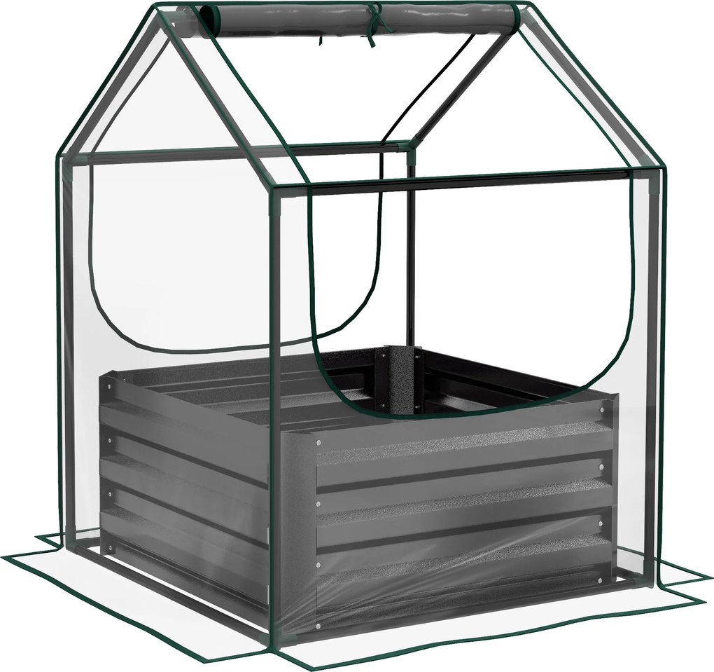 Outsunny Canteiro quadrado de jardim com mini estufa, jardineira elevada em aço galvanizado, 70 x 70 x 90 cm, cinza escuro | Aosom Portugal