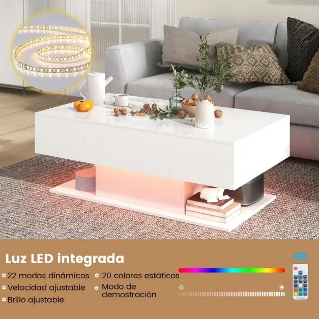 Mesa de centro LED moderna de 2 níveis com 20 luzes LED coloridas 2 gavetas para arrumação retangular 110 x 60 x 40 cm Branca