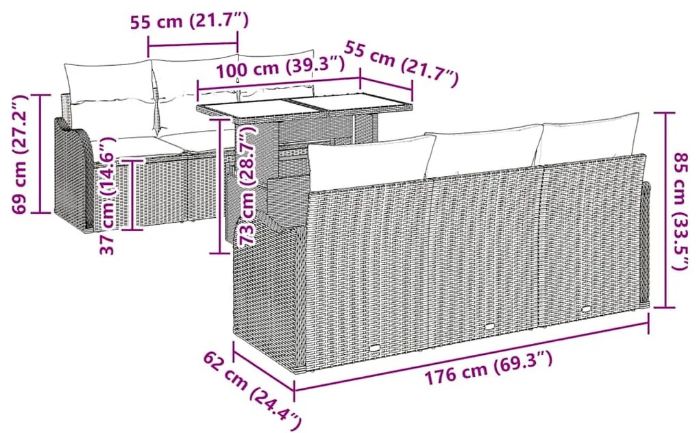 Conjunto de sofá de jardim com 7 peças e almofadas cinzas em polyratta