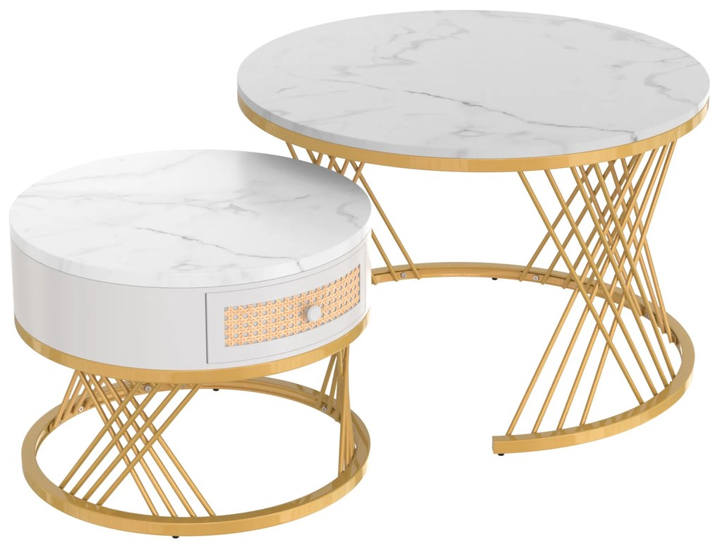 Mesa de Centro Redonda 2 em 1 em MDF, Mesa com Tampo efeito Mármore e Gavetas em Rattan Sintético, Pés em Ferro Dourado,70x70x45,5cm, Branco