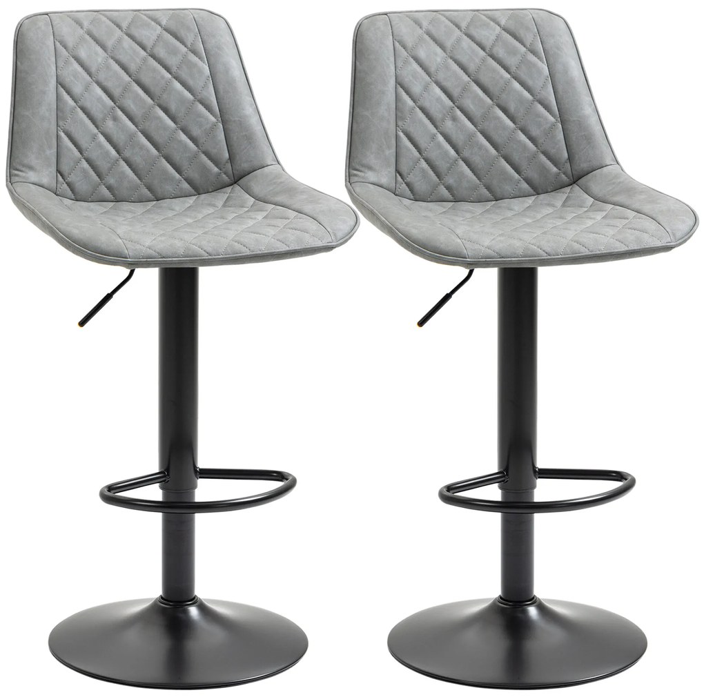 HOMCOM Conjunto de Bancos de Bar Estofados em PU Bancos Altos de Sala de Jantar com Altura Ajustável Assento Giratório e Apoio para os Pés Carga Máxima 120kg 46,5x51x86-106 cm Cinzento