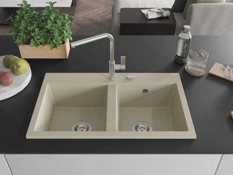 Mexen Hektor lava-loiça de granito de 2 cubas 800 x 480 mm, bege, sifão cromado - 6521802000-69
