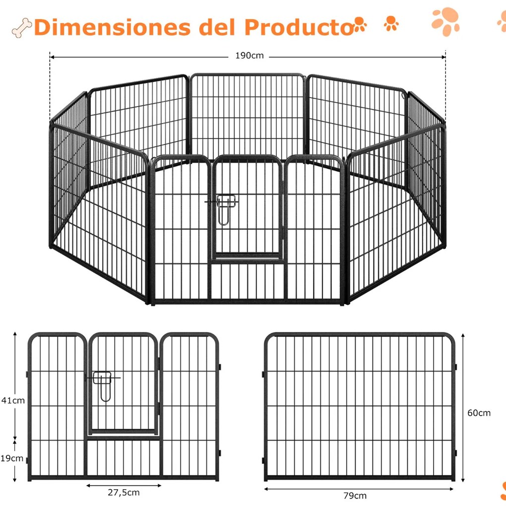 Parque para cães com 8 painéis Altura 80 cm Interior/Exterior Parque de metal resistente para animais de estimação Animais médios Preto