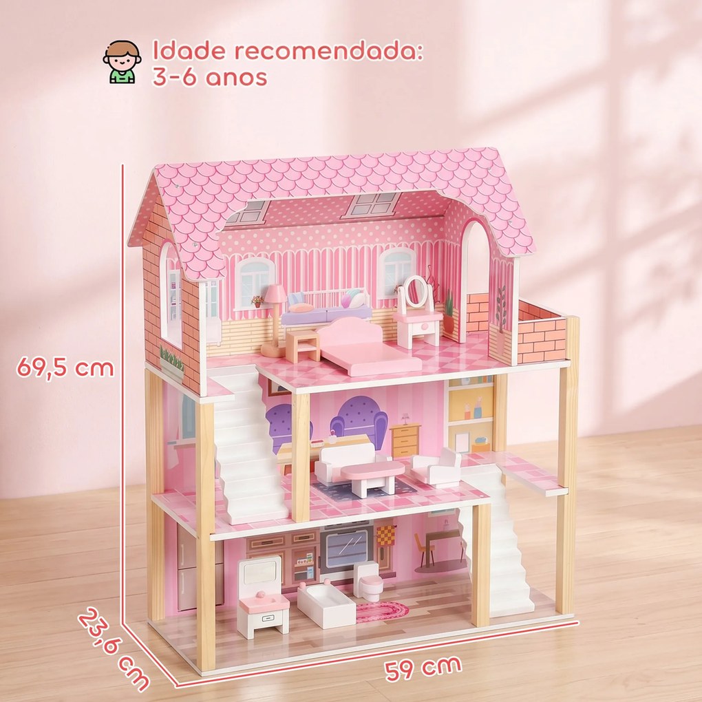 Casa de Bonecas de Madeira com 3 Andares, Varanda, Escadas e 10 Móveis, Brinquedo de Faz de Conta para Crianças 3-6 Anos, Rosa