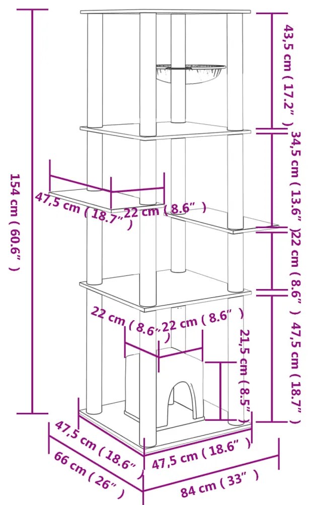 Árvore p/ gatos c/ postes arranhadores sisal 154cm cinza-escuro