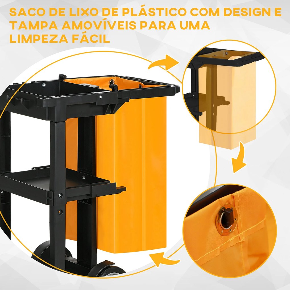 Carro de Limpeza com Bolsa Carrinho de Limpeza com Rodas e 3 Prateleir