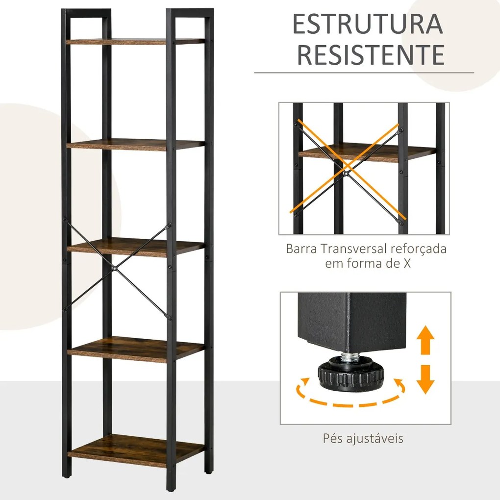 Estante de Estilo Industrial de 5 Níveis Estante para Livros de Armazenamento com Estrutura de Aço para Sala de Estar Escritório Cozinha Dormitório 40