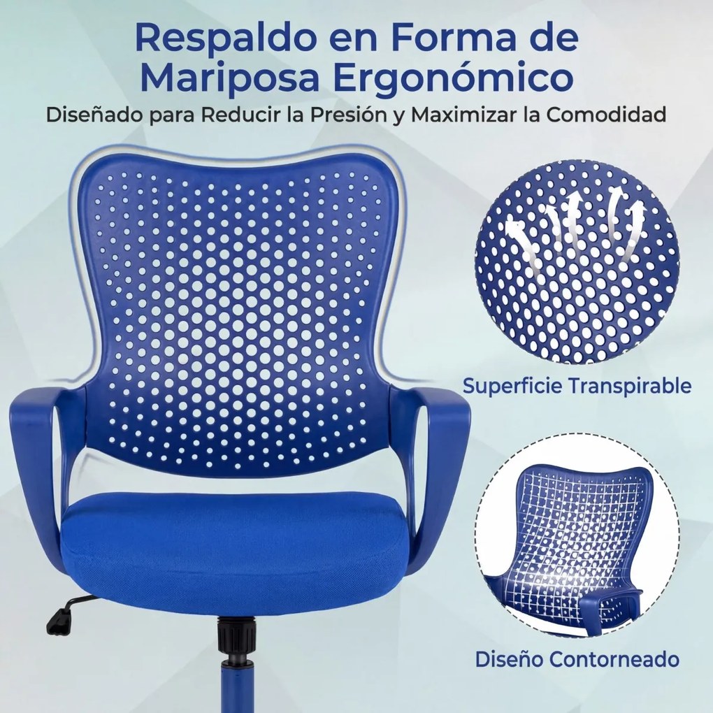 Cadeira de escritório ergonómica com braços, almofada acolchoada e encosto respirável, modelo «Borboleta», para estudar e trabalhar, azul