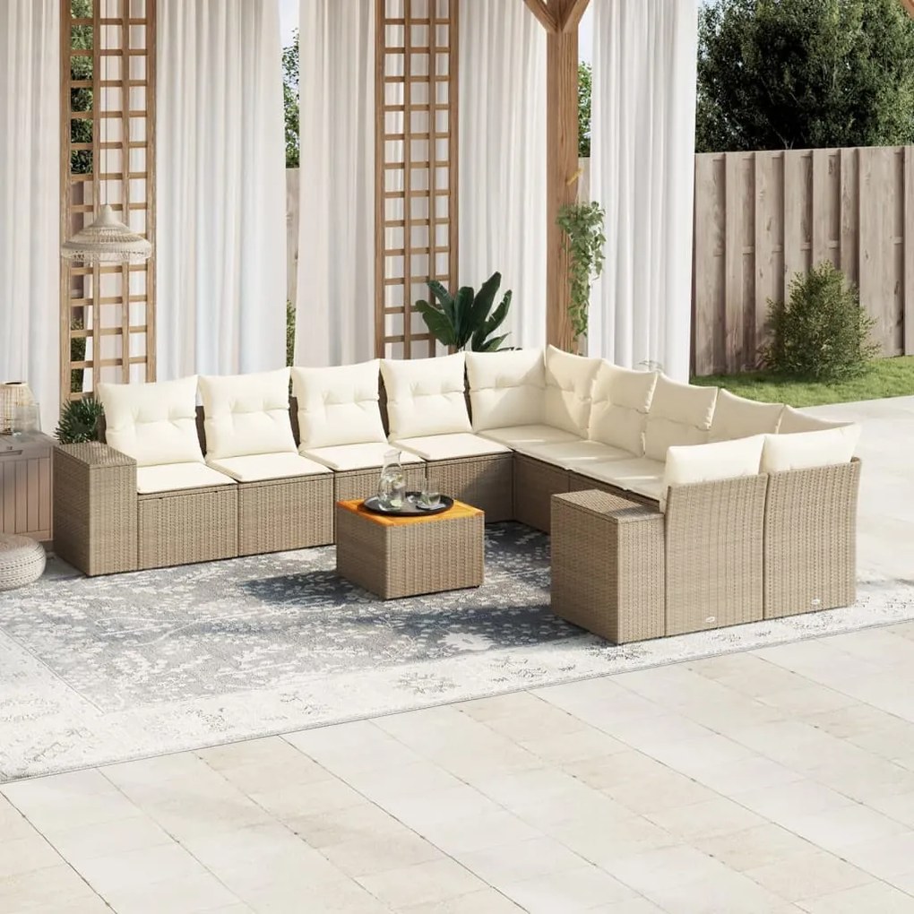 11 pcs conjunto sofás de jardim c/ almofadões vime PE bege