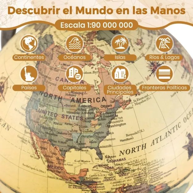 Mini Globo terrestre antigo com 14 cm de diâmetro terrestre giratório com base de madeira para aprender geografia Bronze