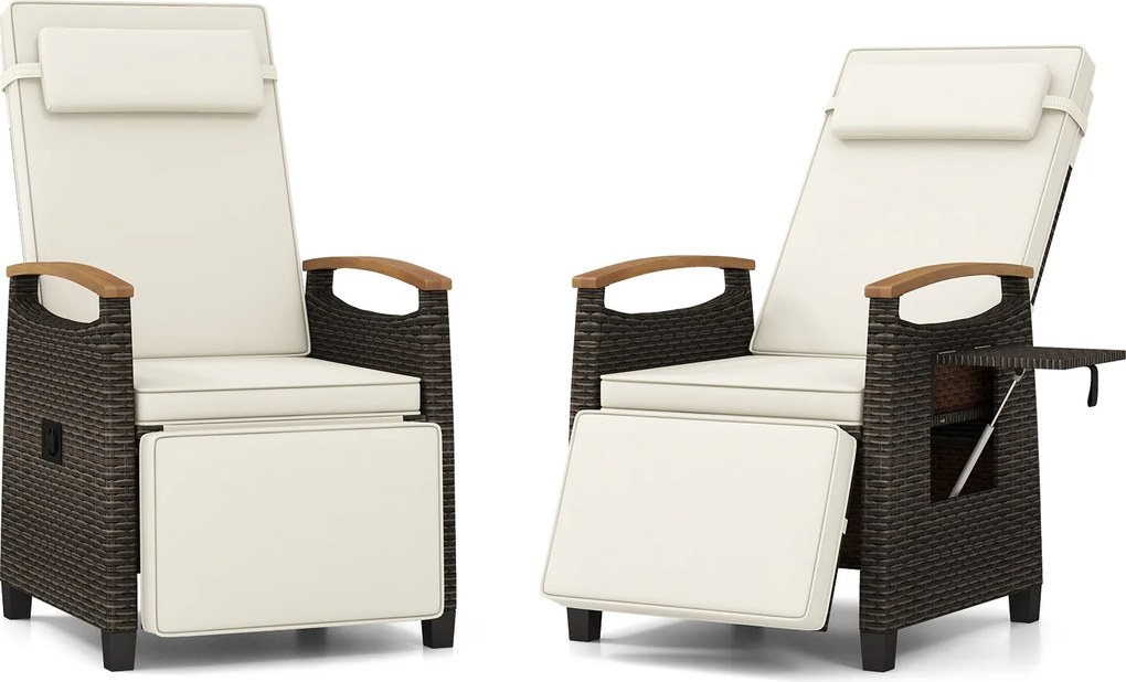 Conjunto de 2 poltronas de rattan com encosto e apoio para os pés ajustáveis, mesa rebatível, apoio para a cabeça removível e braços, para terraço ou