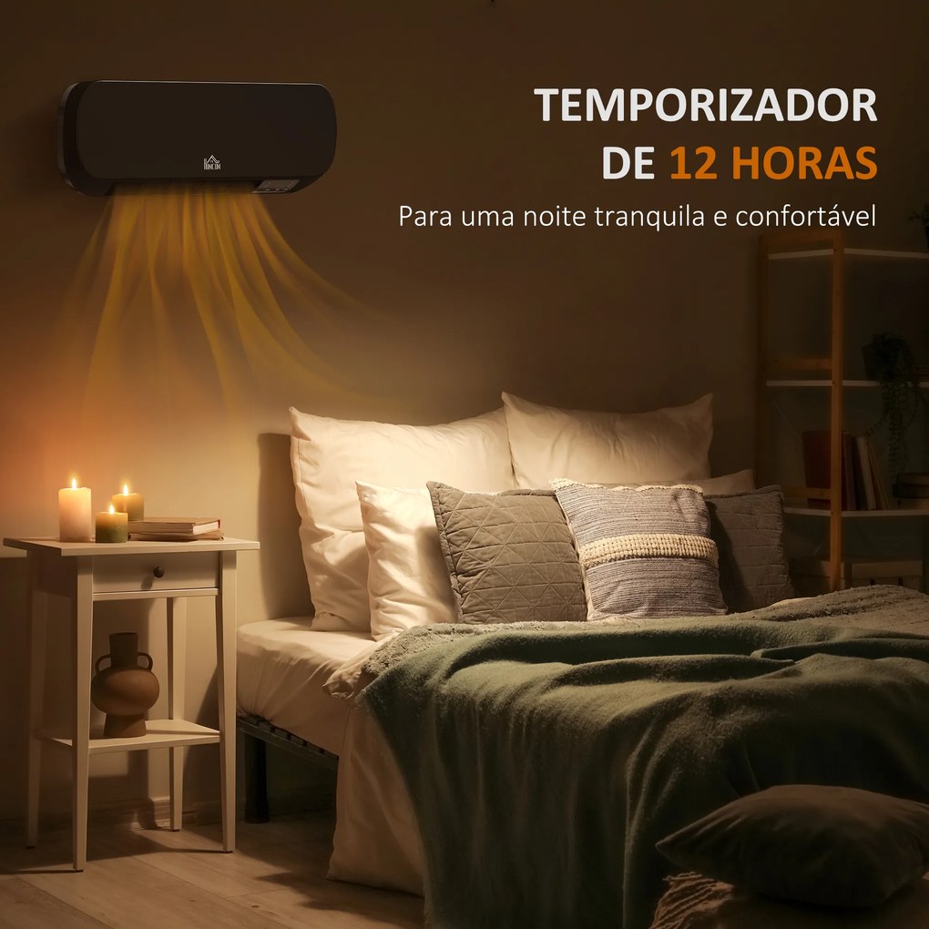 Aquecedor Cerâmico de Parede 1000W/2000W com Controle Remoto 3 Modos de Aquecimento Temporizador de 12h Termostato e Proteção contra Superaquecimento