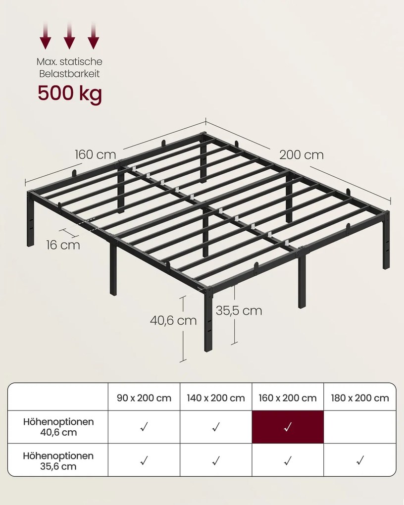 Estrutura de cama em metal 200 x 160 x 40,6 cm (COLCHÃO NÃO INCLUIDO) com espaço de arrumação e design moderno Preta