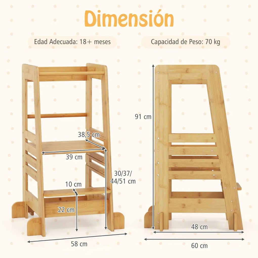 Torre de aprendizagem 60 x 58 x 91 cm para crianças de bambu para crianças com altura ajustável em 4 níveis Barras de segurança natural